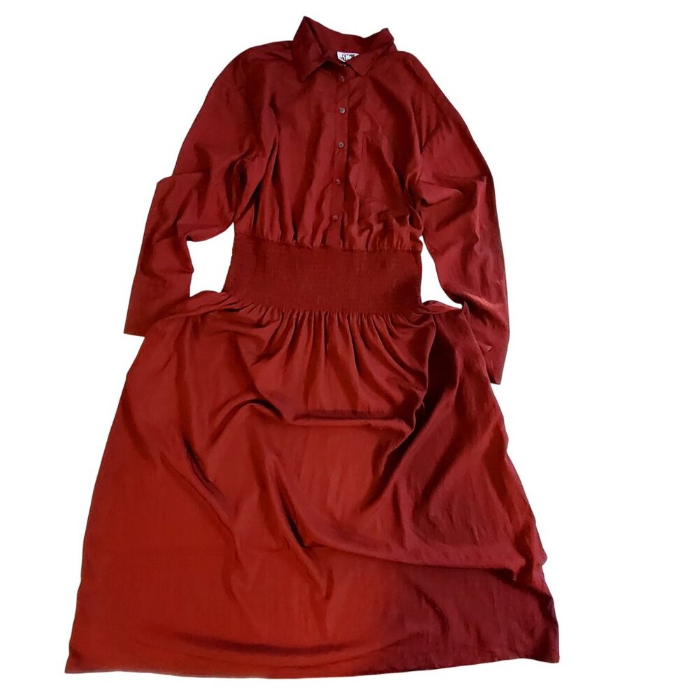 Future Collective Womens Red Long Sleeve Button-Up Smocked Waist Midi Dress M - Picture 10 of 10